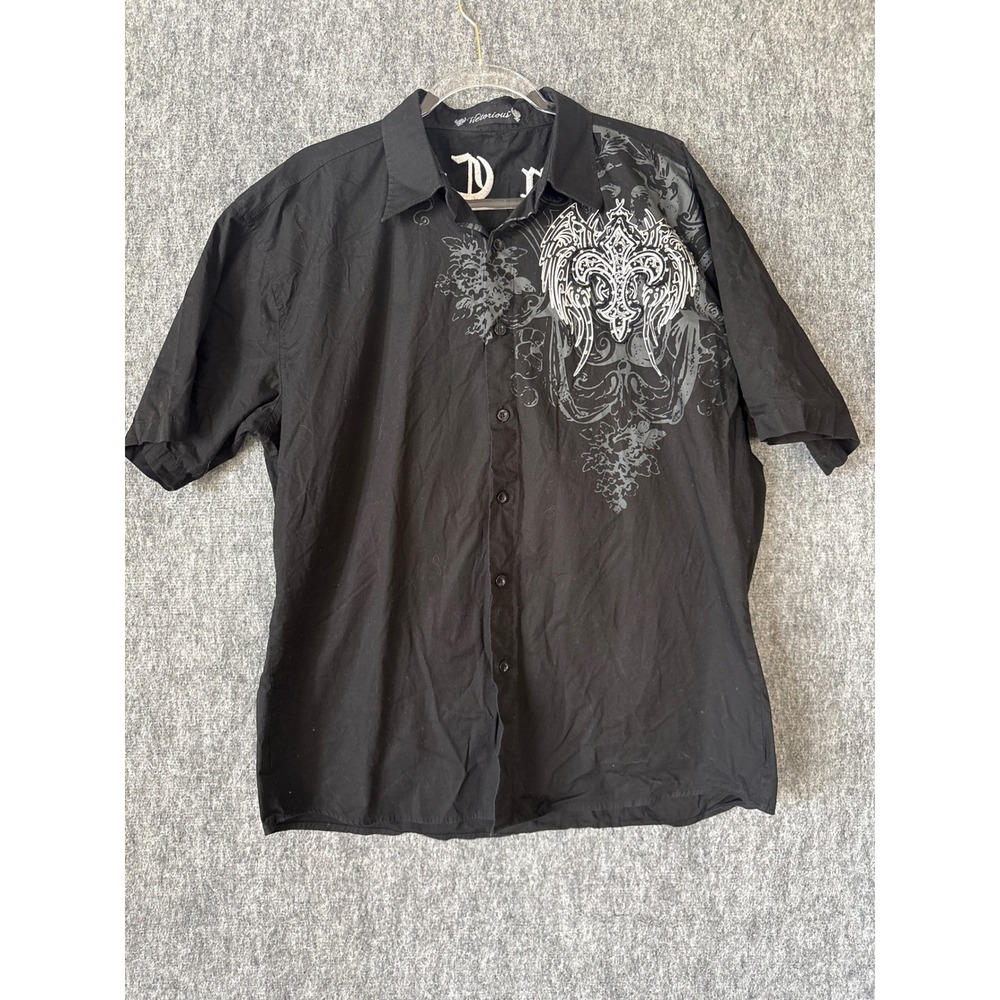 Victorious Urban Couture Mens Black Fleur De Lis Rhinestone Y2K Shirt XL Short